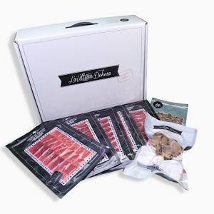 LONCHEADO de Jamón DIAMANTE NEGRO Bellota 100 % Ibérico, 15 sobres de 100 gr. + huesos y tacos